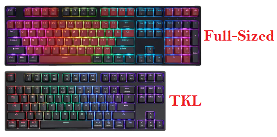 In this image, two keyboard, the upper one is full-size keyboard and the below keyboard is TKL or ten key less keyboard, the image is in top viewing angle