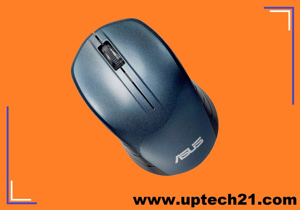 ASUS WT200 Wireless mouse in orange background, in tilt top viewing angle. the mouse is grey in colour