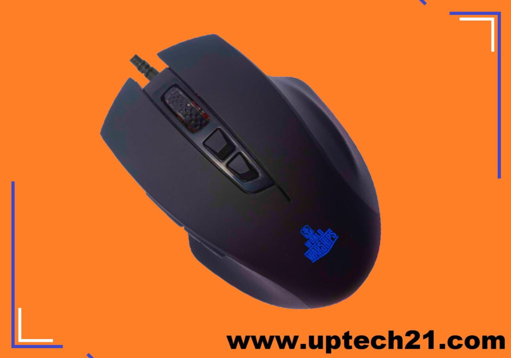 Ant Esports GM200W mouse in orange background, left tilt top viewing angle, in dark grey colour body and blue LED lighting logo
