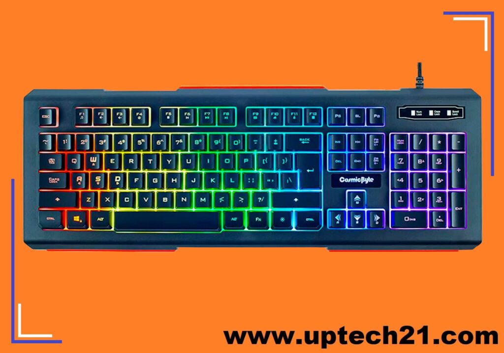 gaming keyboard under 1500 Cosmic Byte CB-GK-02 Corona top angle view photo shoot. with uptech21 website logo