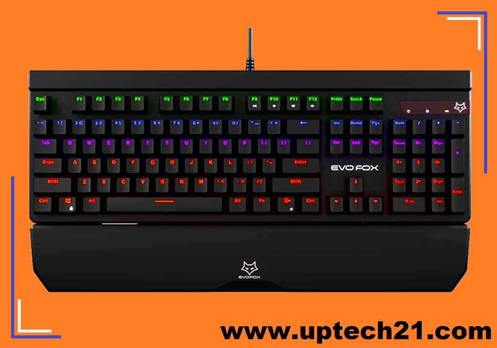 EvoFox Katana with detachable wrist rest, black colour body and orange background. 