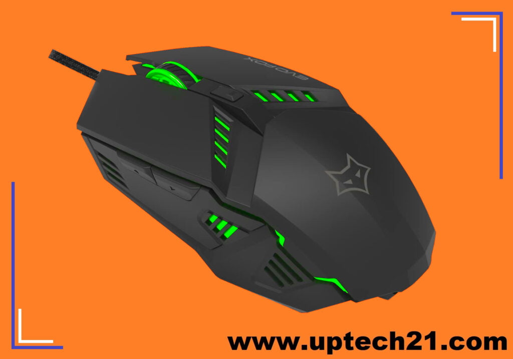 EvoFox Shadow gaming mouse in orange background, left tilt top viewing angle with green RGB