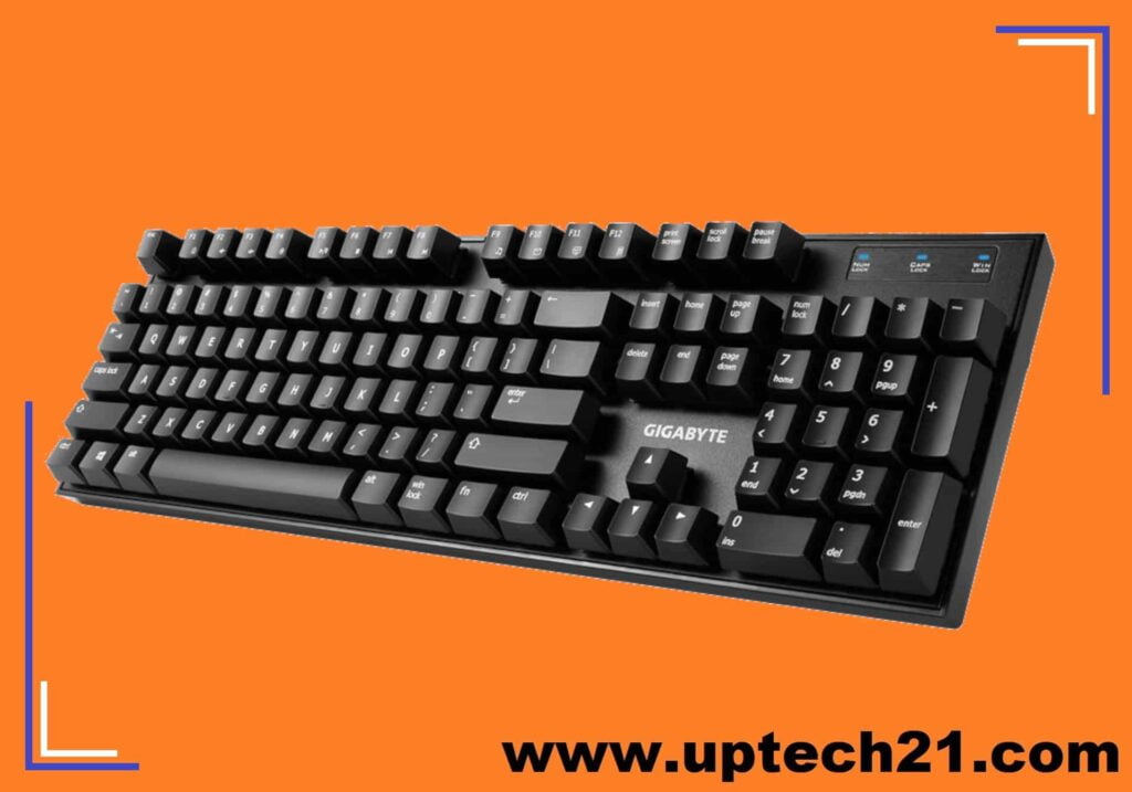 Gigabyte Mechanical Cherry Blue Keyboard from left viewing angle, a solid build gaming keyboard