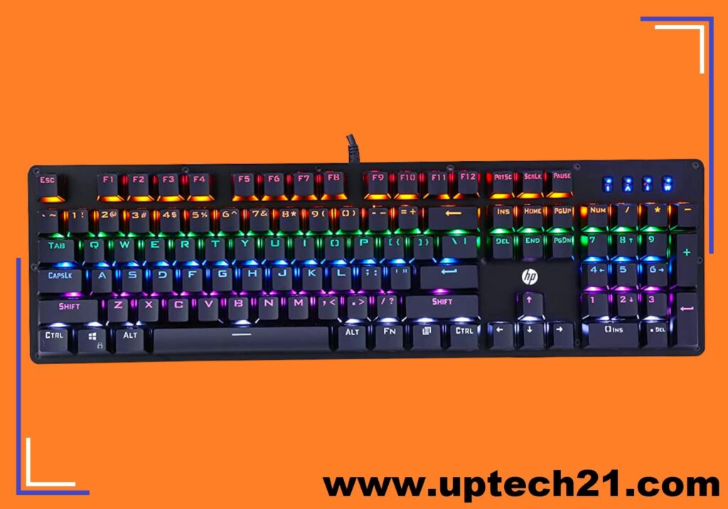  HP GK100 from top view angle. lots of RGB customization, mechanical keys  keyboard