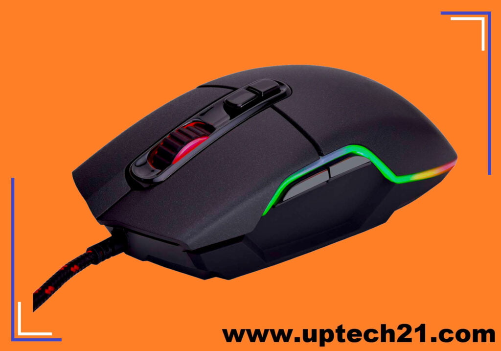 Live Tech Vulcan gaming mouse in orange background, left tilt top viewing angle, in dark grey colour body and RGB lighting 
