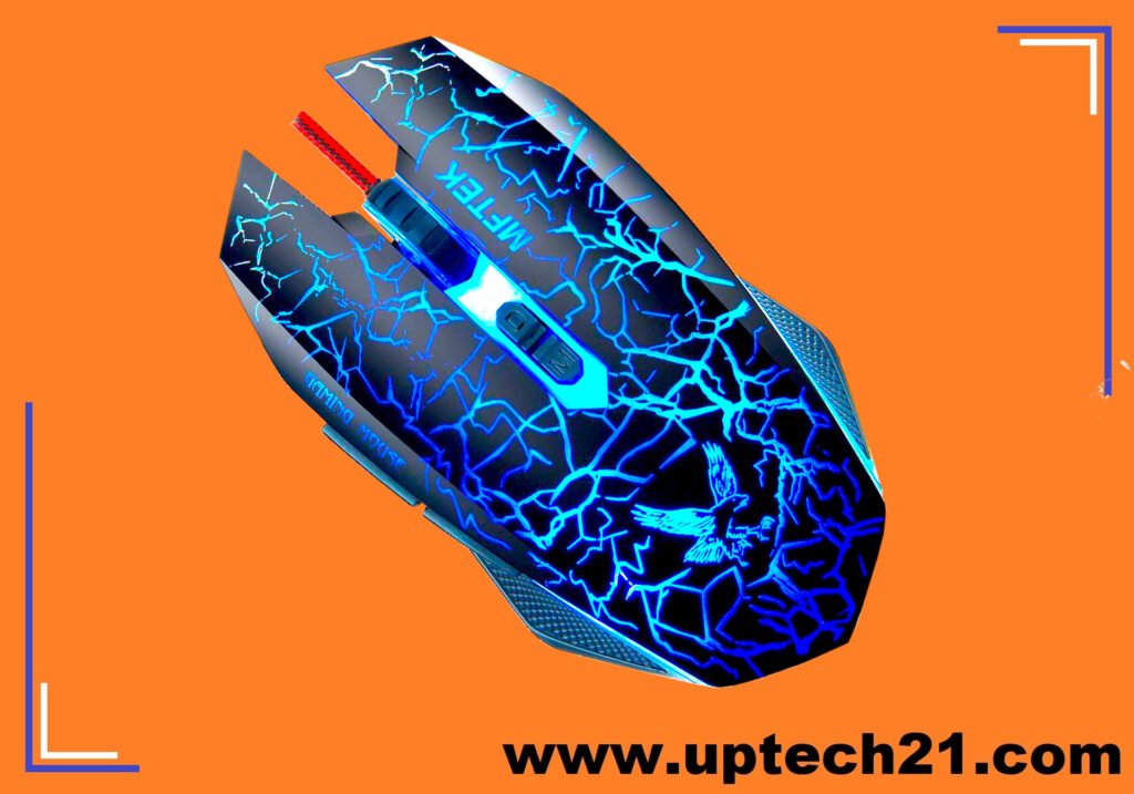MFTEK Tag 3 gaming mouse in orange background, left tilt top viewing angle, with hold body blue LED light