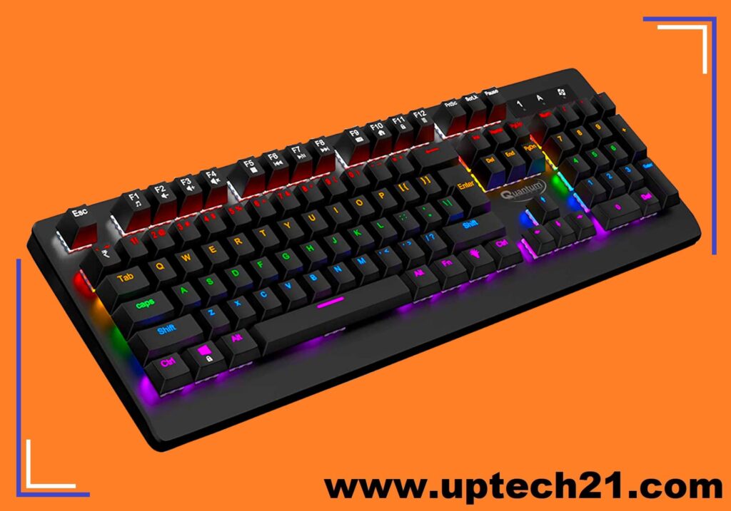 Quantum QHM9800 Rapid Strike from top side viewing angle, a bulky gaming keyboard with good build quality