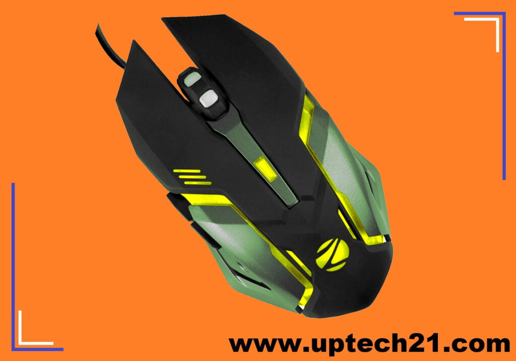 Zebronics Zeb-Transformer-M gaming mouse in orange background, left tilt top viewing angle